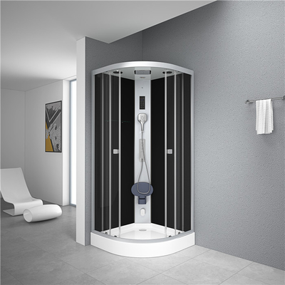 Şeffaf sertleştirilmiş cam sabit panelleri olan serbest ayakta duran dörtgen duş kabinleri